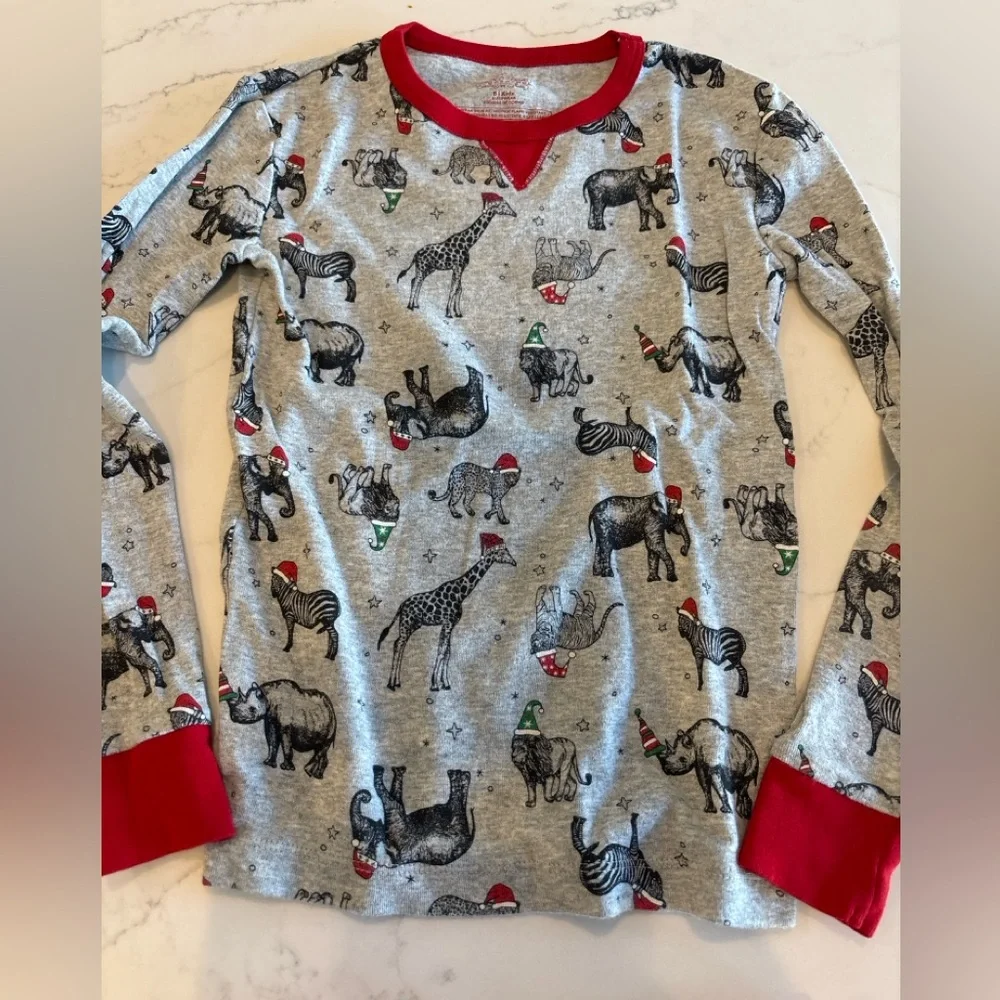 Kids Grey Animal Print Pajama Set with Red Trim